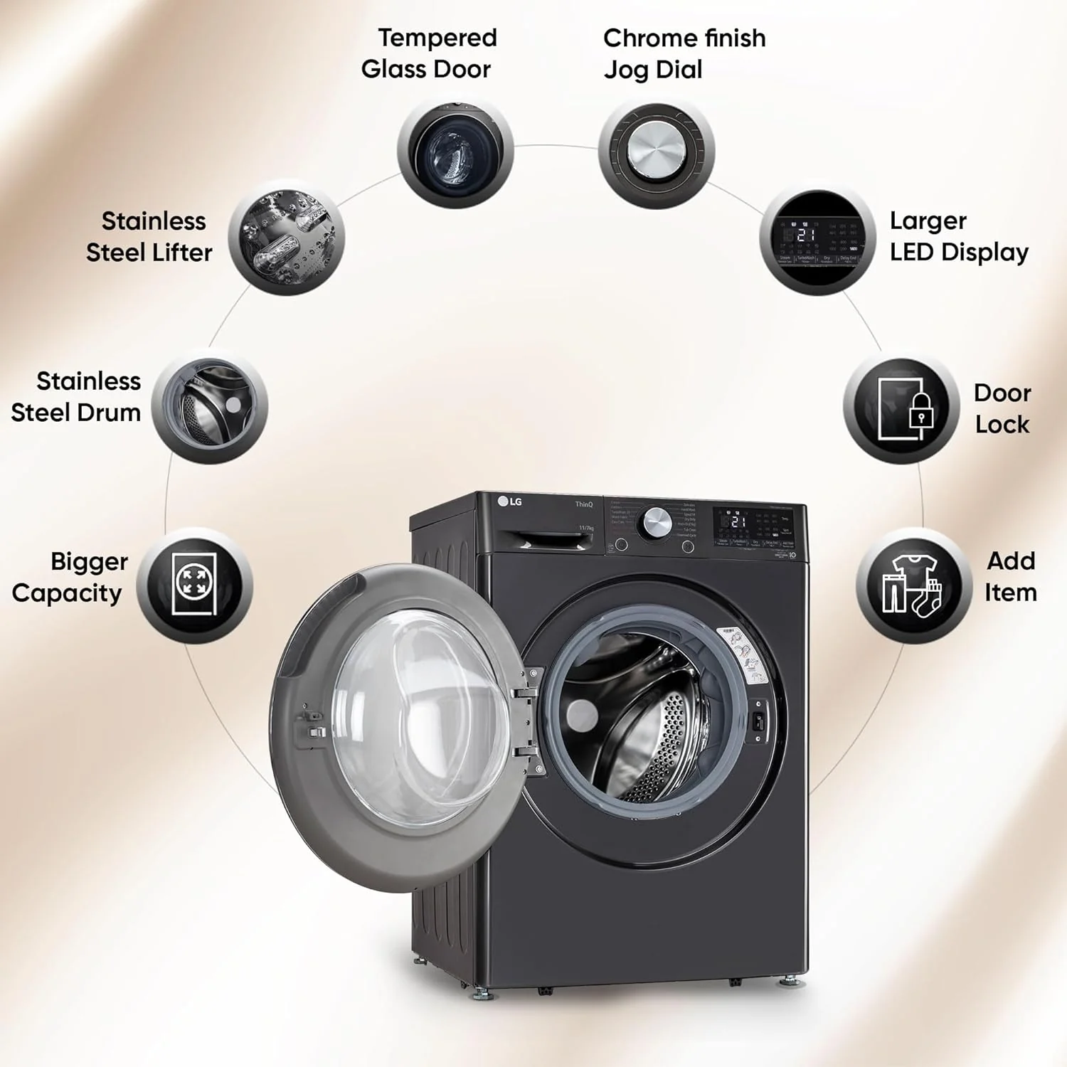 LG 11 Kg (Wash) / 7 Kg (Dry), AI Direct Drive Technology, Steam+ & Wi-Fi Front Load Fully Automatic Washer Dryer (FHD1107STB, Intelligent & Convenient Fabric Care, Wrinkle Care, Black Steel) - Image 5