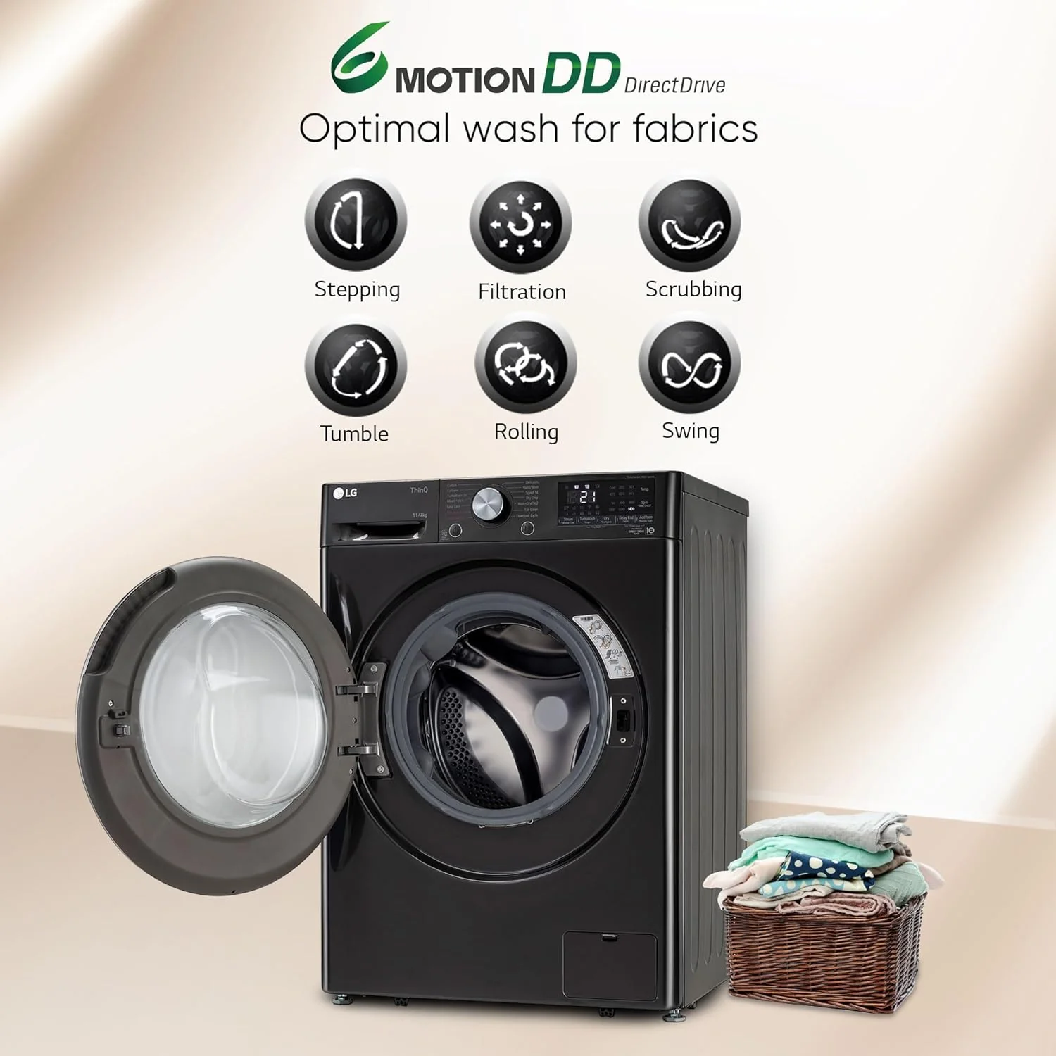 LG 11 Kg (Wash) / 7 Kg (Dry), AI Direct Drive Technology, Steam+ & Wi-Fi Front Load Fully Automatic Washer Dryer (FHD1107STB, Intelligent & Convenient Fabric Care, Wrinkle Care, Black Steel) - Image 6