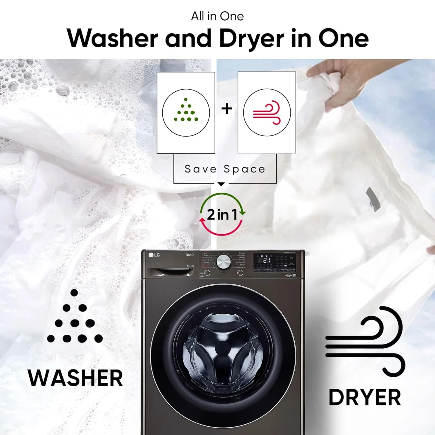 LG 11 Kg (Wash) / 7 Kg (Dry), AI Direct Drive Technology, Steam+ & Wi-Fi Front Load Fully Automatic Washer Dryer (FHD1107STB, Intelligent & Convenient Fabric Care, Wrinkle Care, Black Steel) - Image 7