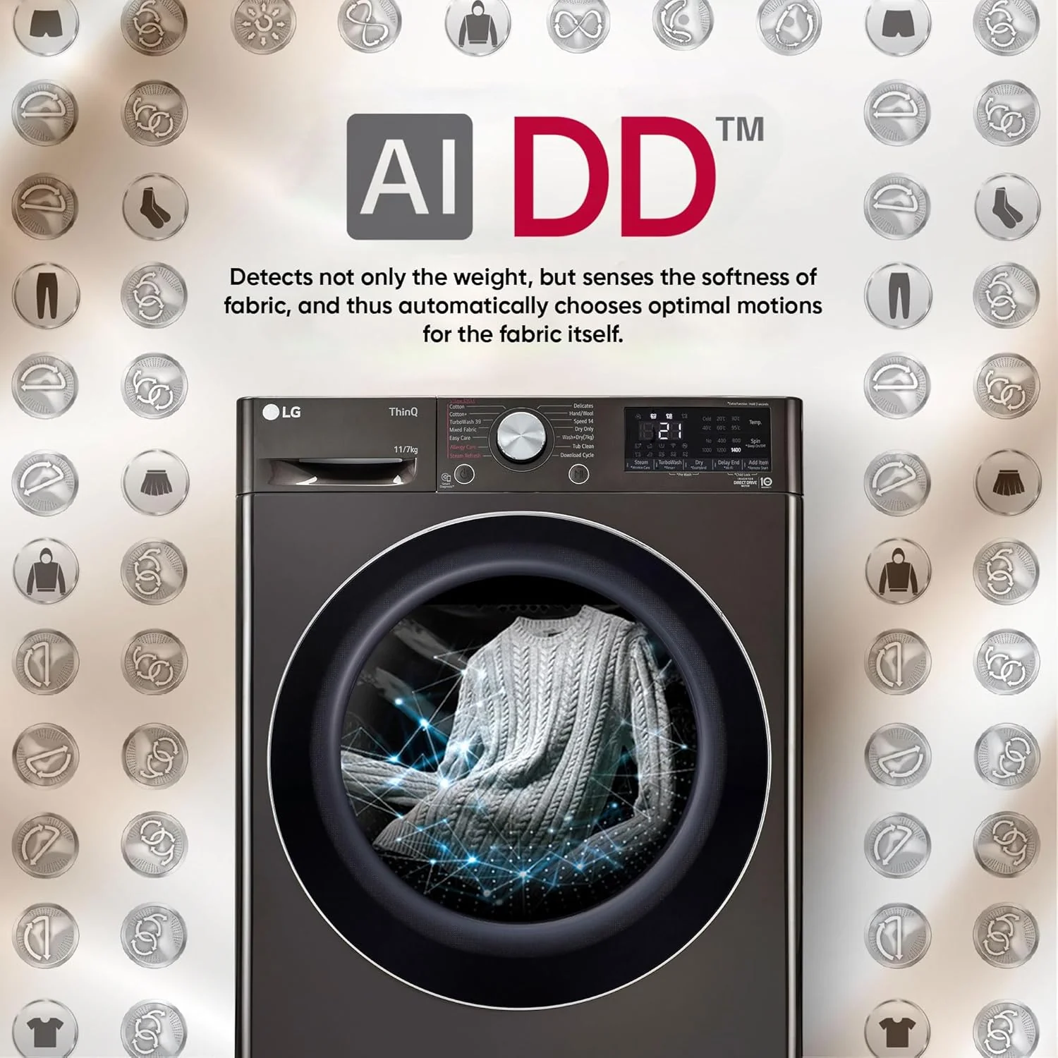 LG 11 Kg (Wash) / 7 Kg (Dry), AI Direct Drive Technology, Steam+ & Wi-Fi Front Load Fully Automatic Washer Dryer (FHD1107STB, Intelligent & Convenient Fabric Care, Wrinkle Care, Black Steel) - Image 8