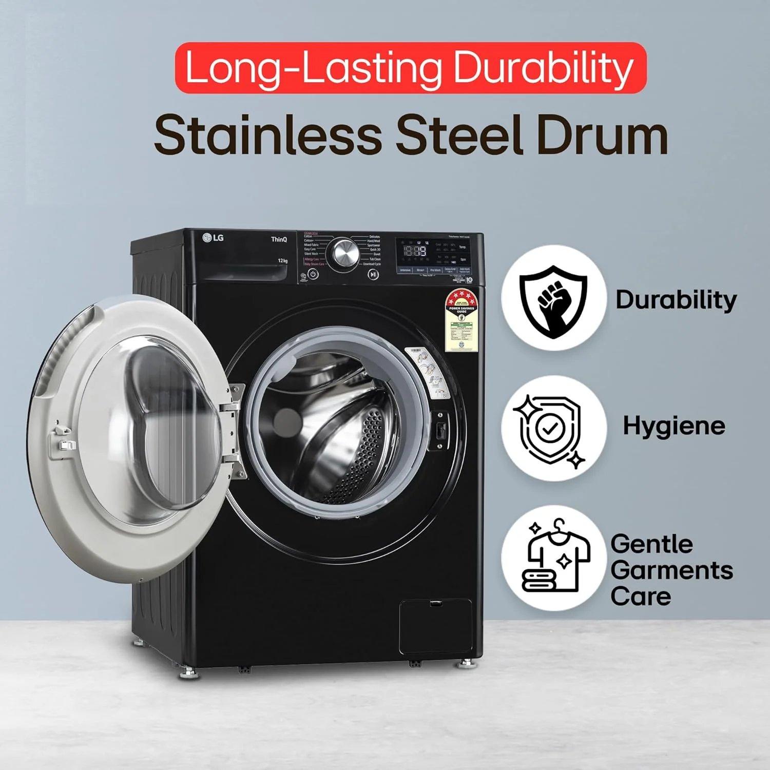 LG 12 Kg, 5 Star, AI Direct Drive Technology, Wi-Fi, Steam Fully Automatic Front-Loading Washing Machine (FHP1412Z3O, Intelligent &amp; Convenient Fabric Care, Allergy Care, In-Built Heater, Onyx Black) - Image 12