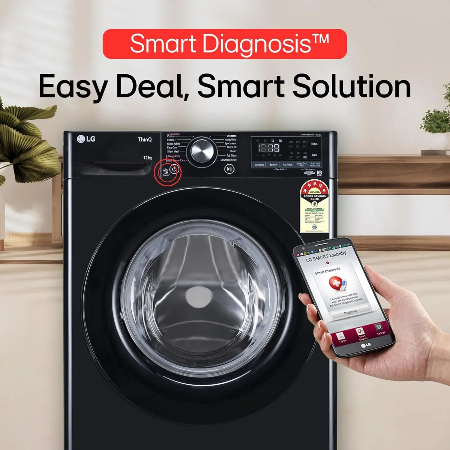 LG 12 Kg, 5 Star, AI Direct Drive Technology, Wi-Fi, Steam Fully Automatic Front-Loading Washing Machine (FHP1412Z3O, Intelligent &amp; Convenient Fabric Care, Allergy Care, In-Built Heater, Onyx Black) - Image 3