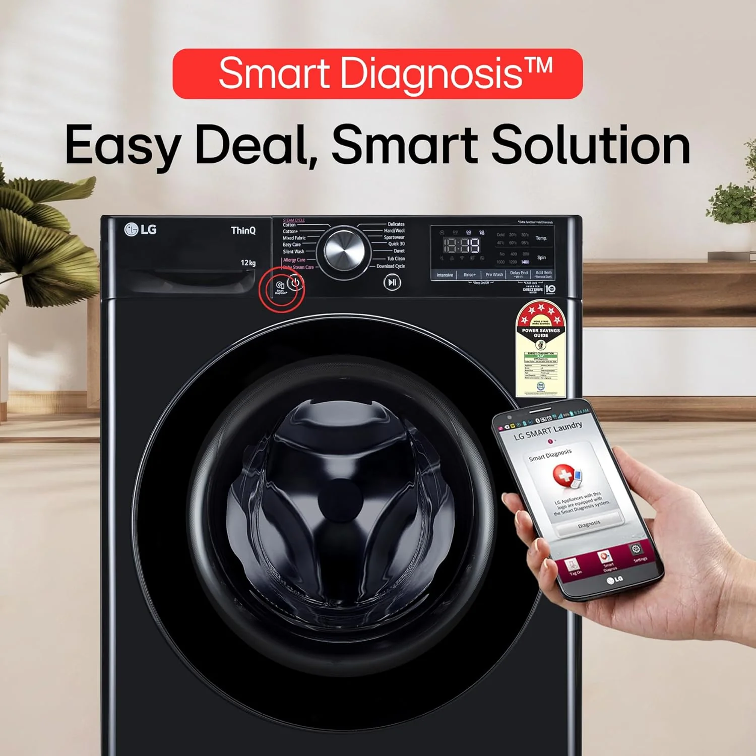 LG 12 Kg, 5 Star, AI Direct Drive Technology, Wi-Fi, Steam Fully Automatic Front-Loading Washing Machine (FHP1412Z5O, Intelligent &amp; Convenient Fabric Care, Allergy Care, Remote Control, Onyx Black) - Image 3