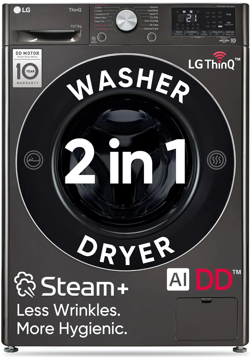 LG 12 Kg (Wash) / 7 Kg (Dry), AI Direct Drive Technology, Steam+ &amp; Wi-Fi Front Load Fully Automatic Washer Dryer (FHD1207STB, Intelligent &amp; Convenient Fabric Care &amp; Turbowash 360, Platinum Black)