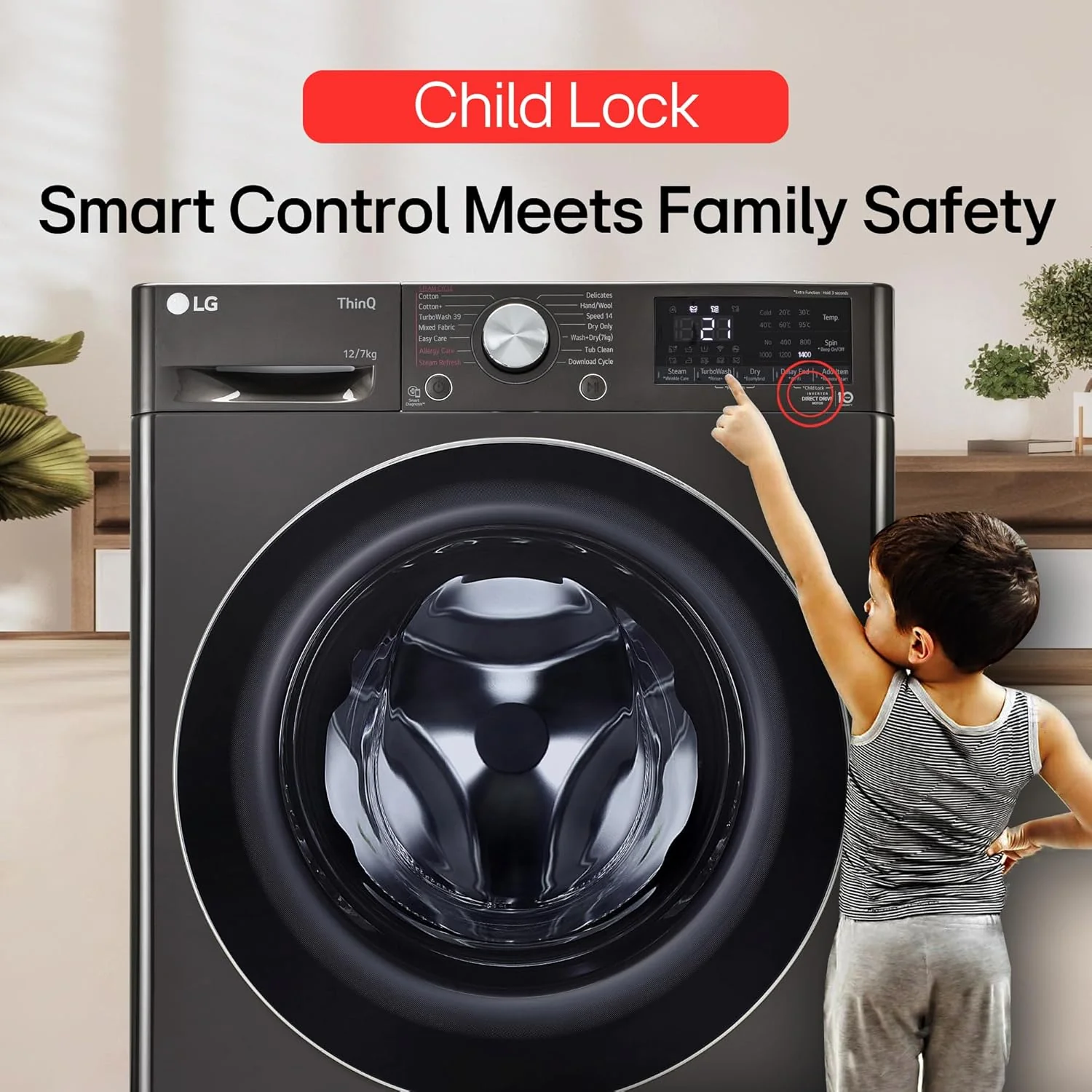 LG 12 Kg (Wash) / 7 Kg (Dry), AI Direct Drive Technology, Steam+ &amp; Wi-Fi Front Load Fully Automatic Washer Dryer (FHD1207STB, Intelligent &amp; Convenient Fabric Care &amp; Turbowash 360, Platinum Black) - Image 10