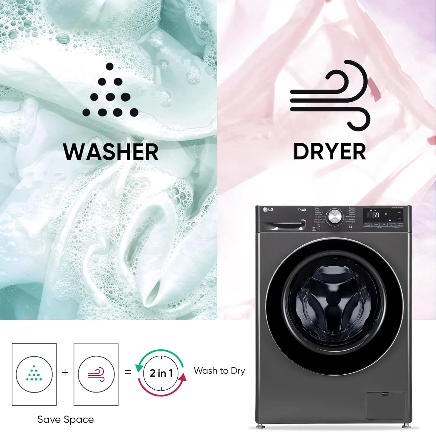 LG 12 Kg (Wash) / 7 Kg (Dry), AI Direct Drive Technology, Steam+ &amp; Wi-Fi Front Load Fully Automatic Washer Dryer (FHD1207STB, Intelligent &amp; Convenient Fabric Care &amp; Turbowash 360, Platinum Black) - Image 12