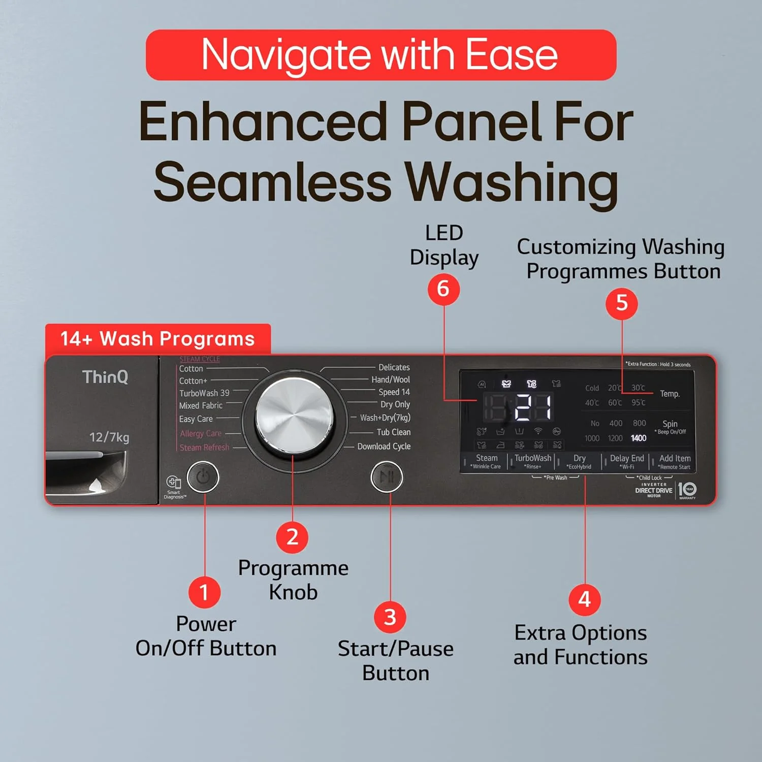 LG 12 Kg (Wash) / 7 Kg (Dry), AI Direct Drive Technology, Steam+ &amp; Wi-Fi Front Load Fully Automatic Washer Dryer (FHD1207STB, Intelligent &amp; Convenient Fabric Care &amp; Turbowash 360, Platinum Black) - Image 23
