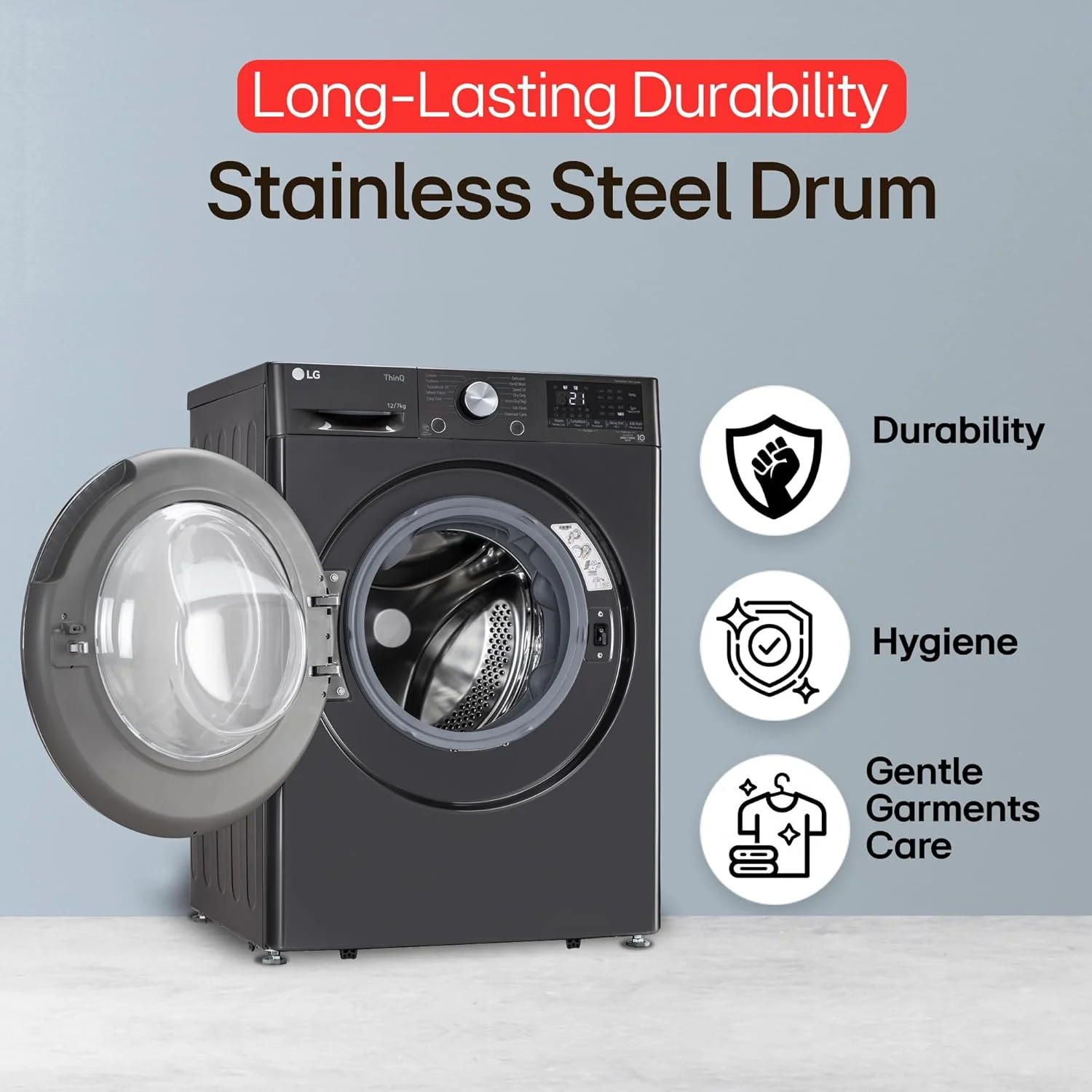 LG 12 Kg (Wash) / 7 Kg (Dry), AI Direct Drive Technology, Steam+ &amp; Wi-Fi Front Load Fully Automatic Washer Dryer (FHD1207STB, Intelligent &amp; Convenient Fabric Care &amp; Turbowash 360, Platinum Black) - Image 24