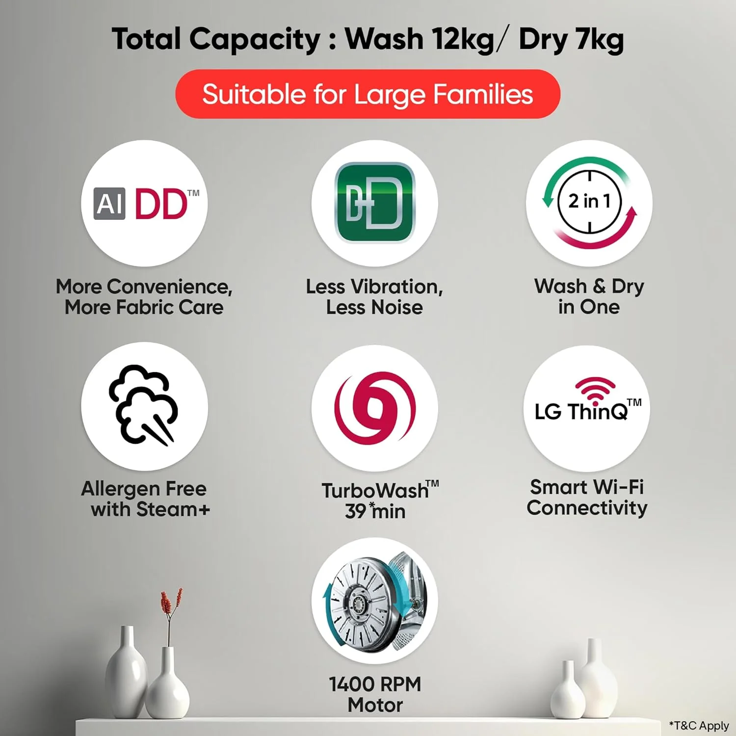 LG 12 Kg (Wash) / 7 Kg (Dry), AI Direct Drive Technology, Steam+ &amp; Wi-Fi Front Load Fully Automatic Washer Dryer (FHD1207STB, Intelligent &amp; Convenient Fabric Care &amp; Turbowash 360, Platinum Black) - Image 25