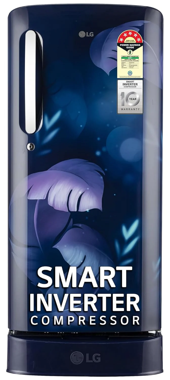 LG 185 L, 5 Star, Smart Inverter Compressor, Direct Cool Single Door Refrigerator (GL-D201ABIU.BBIZEBN, Blue ILAN, Moist N Fresh, Auto Smart Connect &amp; Base Stand Drawer)
