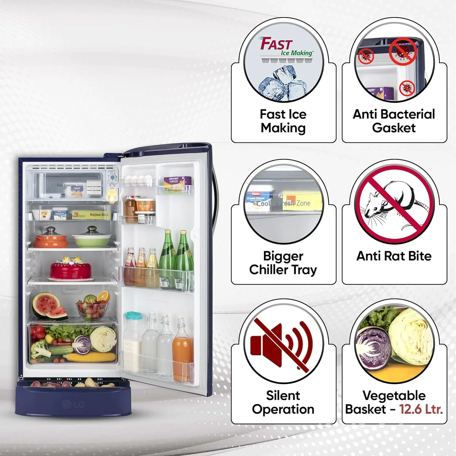 LG 185 L, 5 Star, Smart Inverter Compressor, Direct Cool Single Door Refrigerator (GL-D201ABIU.BBIZEBN, Blue ILAN, Moist N Fresh, Auto Smart Connect &amp; Base Stand Drawer) - Image 2
