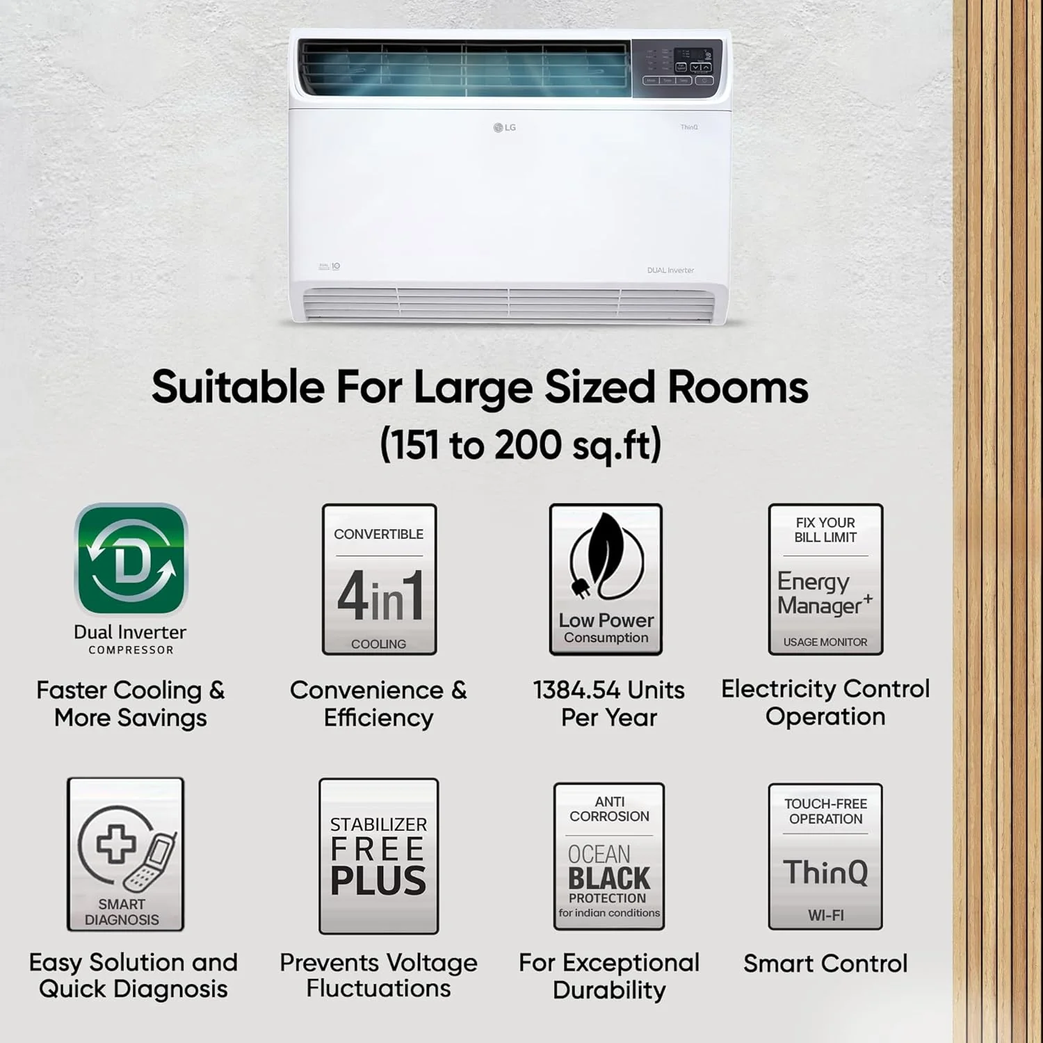 LG 2 Ton 4 Star Wi-Fi DUAL Inverter Window AC (Copper, Convertible 4-in-1 cooling, 4 Way Air Swing, HD Filter, UW-Q24WWYA, White) - Image 10