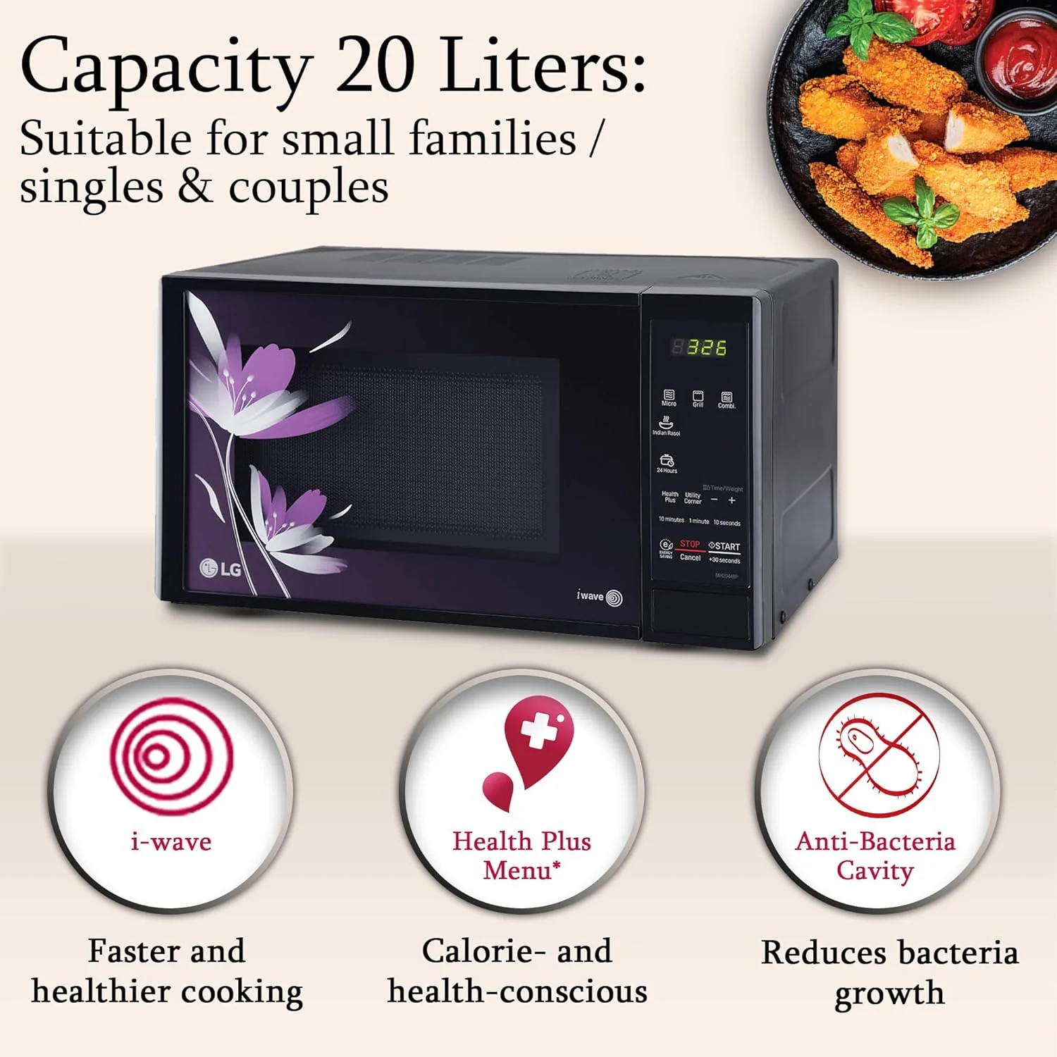 LG 20 L Grill / Solo Microwave Oven with Auto Cook Menu, Energy Saving, Quartz Heater, Anti Bacterial Cavity, Black MH2044BP - Image 7