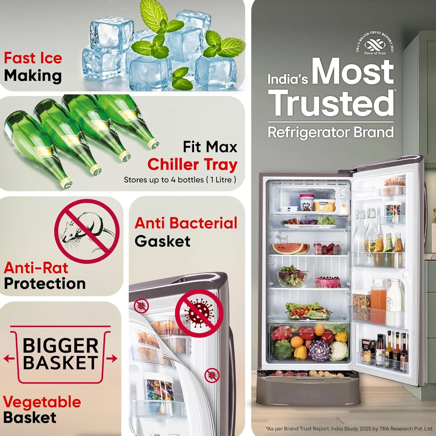 LG 210 L, 3 Star, Direct Cool Single Door Refrigerator (GL-D231AFSD, Fawn Steel, Base stand with drawer &amp; Fast Ice Making) - Image 12