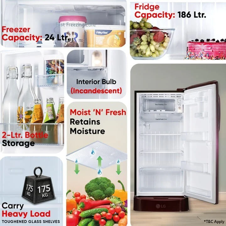 LG 210 L Direct Cool Single Door 5 Star Refrigerator with Base Drawer with Smart Inverter Compressor, Moist ‘N’ Fresh, Fast Ice Making (Red WaterLily, GL-D231ARWU) - Image 11