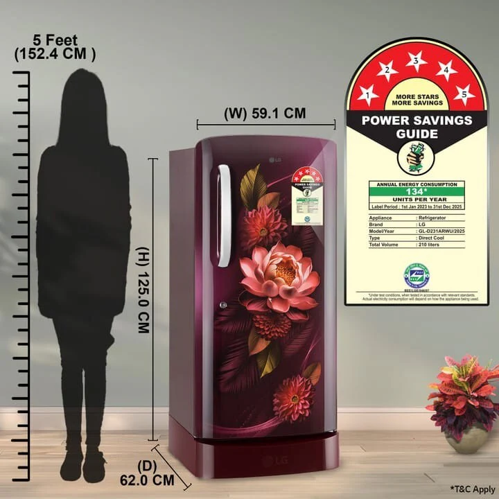 LG 210 L Direct Cool Single Door 5 Star Refrigerator with Base Drawer with Smart Inverter Compressor, Moist ‘N’ Fresh, Fast Ice Making (Red WaterLily, GL-D231ARWU) - Image 7