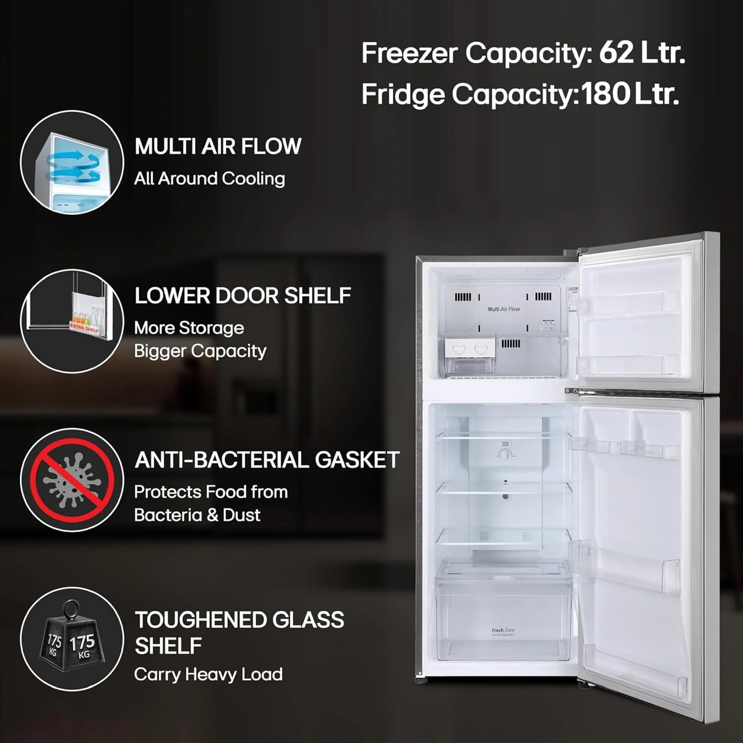 LG 242 L, 2 Star, Smart Inverter Compressor, Multi Air Flow, Frost-Free Double Door Refrigerator (GL-N292DPZY, Shiny Steel, Smart Connect & Moist ‘N’ Fresh) - Image 14