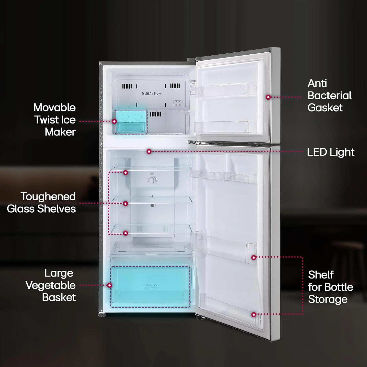 LG 242 L, 2 Star, Smart Inverter Compressor, Multi Air Flow, Frost-Free Double Door Refrigerator (GL-N292DPZY, Shiny Steel, Smart Connect & Moist ‘N’ Fresh) - Image 7