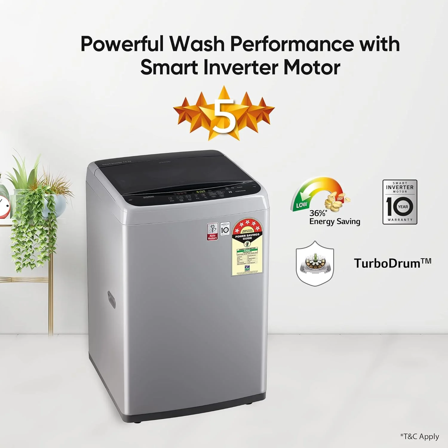 LG 7.5 Kg 5 Star Smart Inverter Fully-Automatic Top Load Washing Machine (T75SPSF1Z, Middle Free Silver, TurboDrum | Smart Closing Door) - Image 4