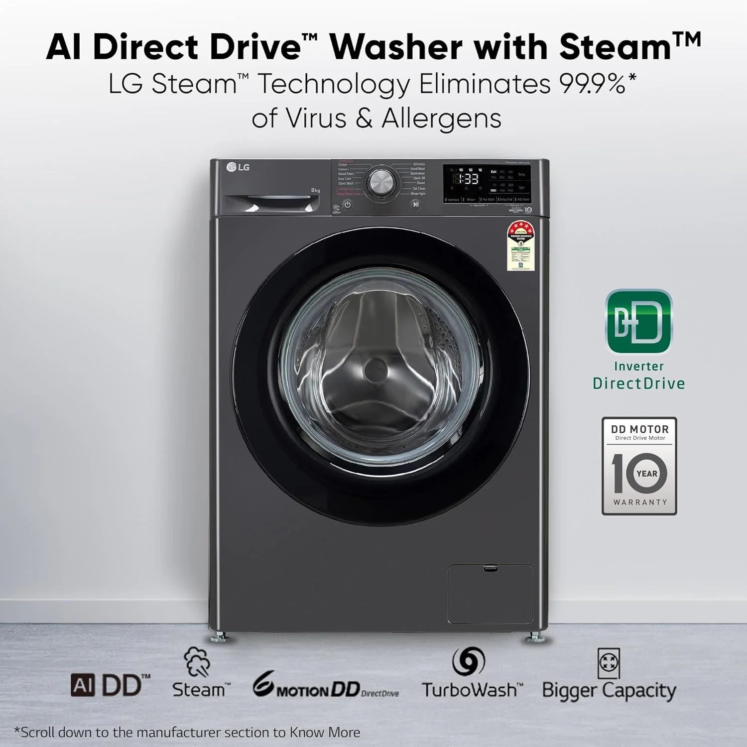 LG 8 Kg, 5 Star, AI Direct Drive Technology, Steam & 6 Motion DD Fully-Automatic Front Load Washing Machine (FHP1208Z3M, Intelligent & Convenient Fabric Care, Allergy Care, Middle Black) - Image 19