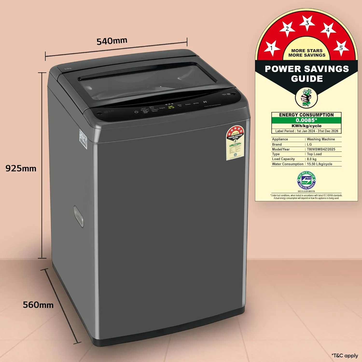 LG 8 Kg 5 Star Smart Inverter Technology Fully Automatic Top Load Washing Machine (T80VBMB4Z, Turbodrum, Auto Prewash, Stainless Steel drum, LED Display, Smart Diagnosis, Middle Black) - Image 2
