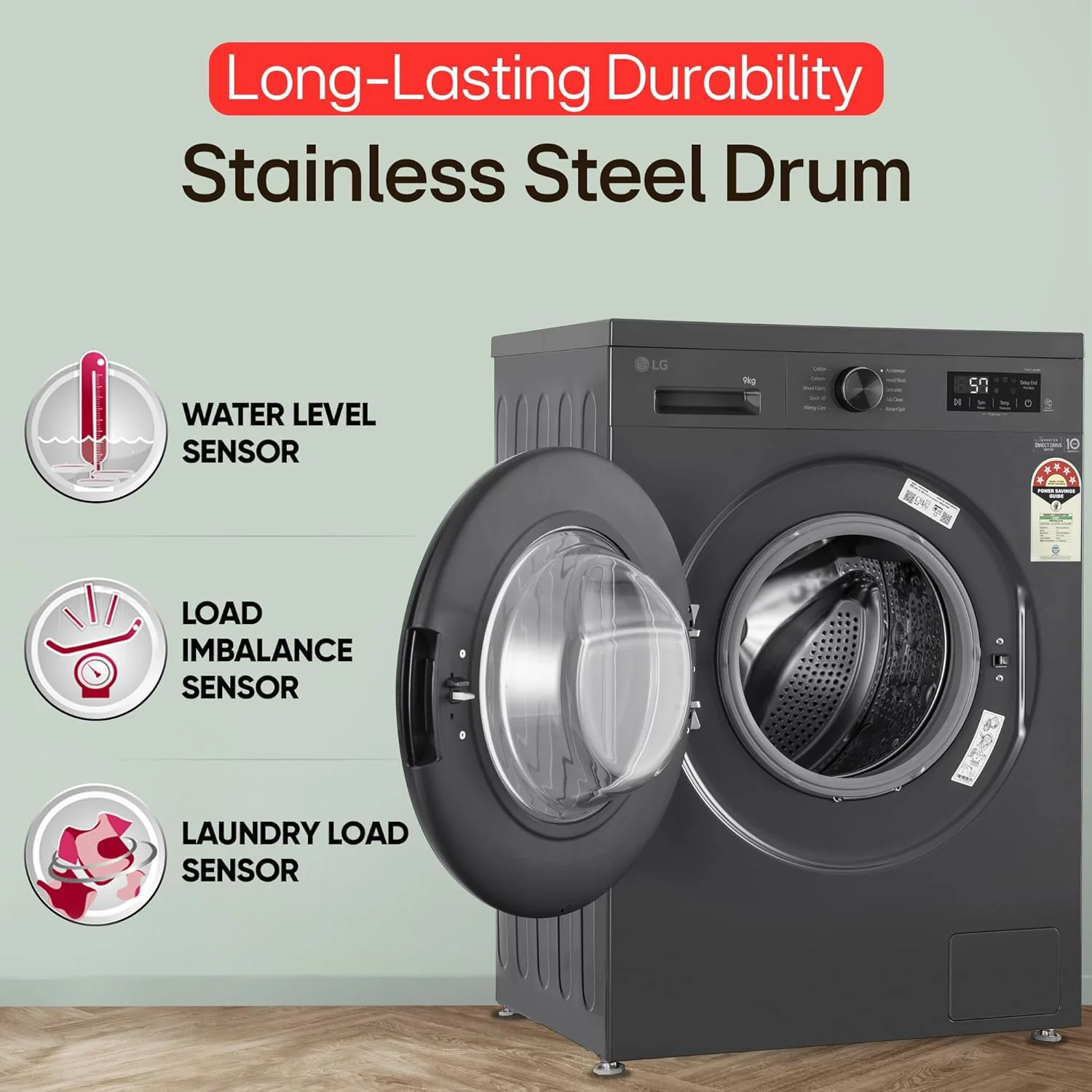 LG 9 Kg, 5 Star, Direct Drive Technology, Steam Wash, 6 Motion DD, Fully-Automatic Front Load Washing Machine (FHB1209Z2M, Allergy Care, In-Built Heater, Touch Panel, Middle Black) - Image 3