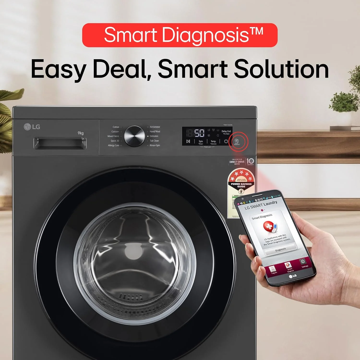 LG 9 Kg, 5 Star, Direct Drive Technology, Steam Wash, 6 Motion DD, Fully-Automatic Front Load Washing Machine (FHB1209Z2M, Allergy Care, In-Built Heater, Touch Panel, Middle Black) - Image 8
