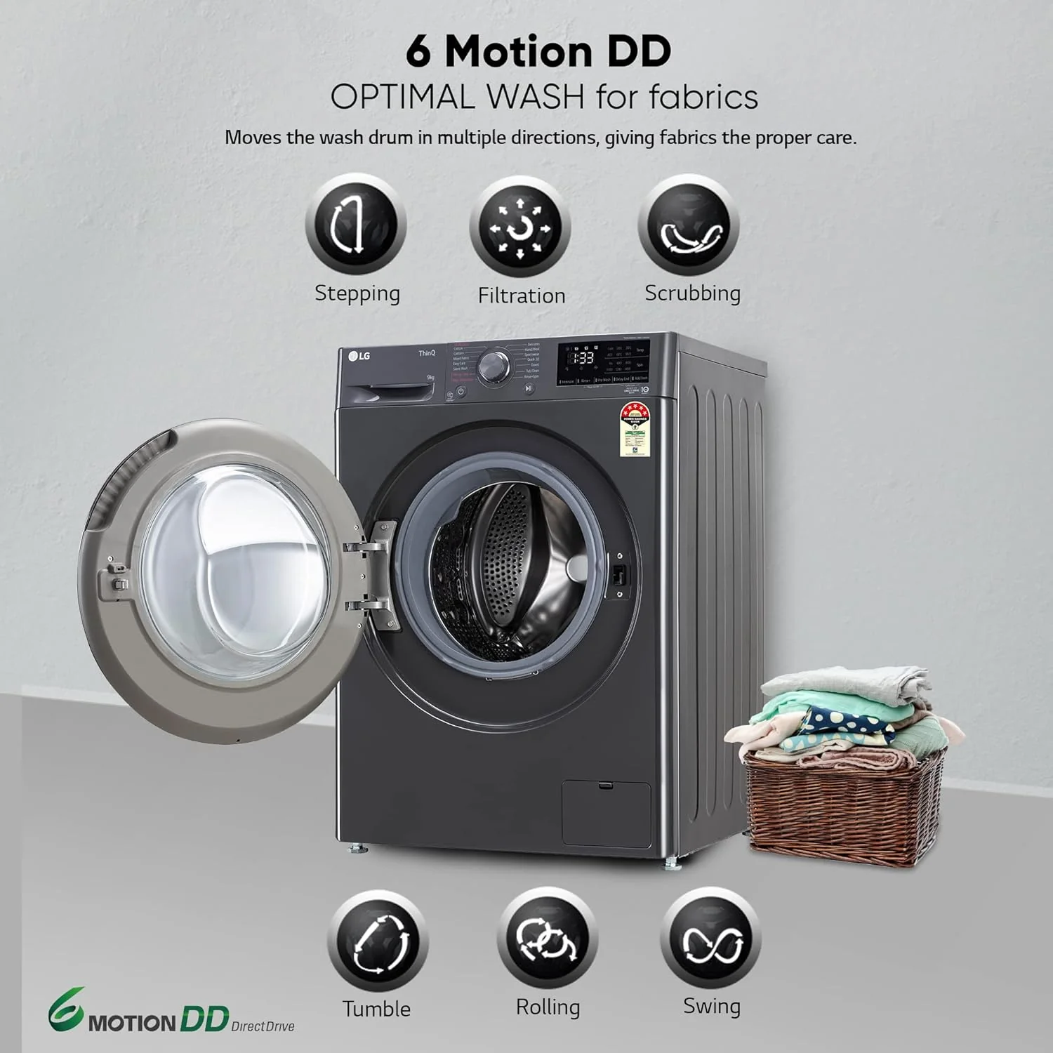 LG 9 Kg 5 Star Wi-Fi Inverter AI Direct-Drive Touch Panel Fully Automatic Front Load Washing Machine Appliance (FHV1409Z4M, Steam for Hygiene, In-Built Heater, 6 Motion DD, Middle Black) - Image 16
