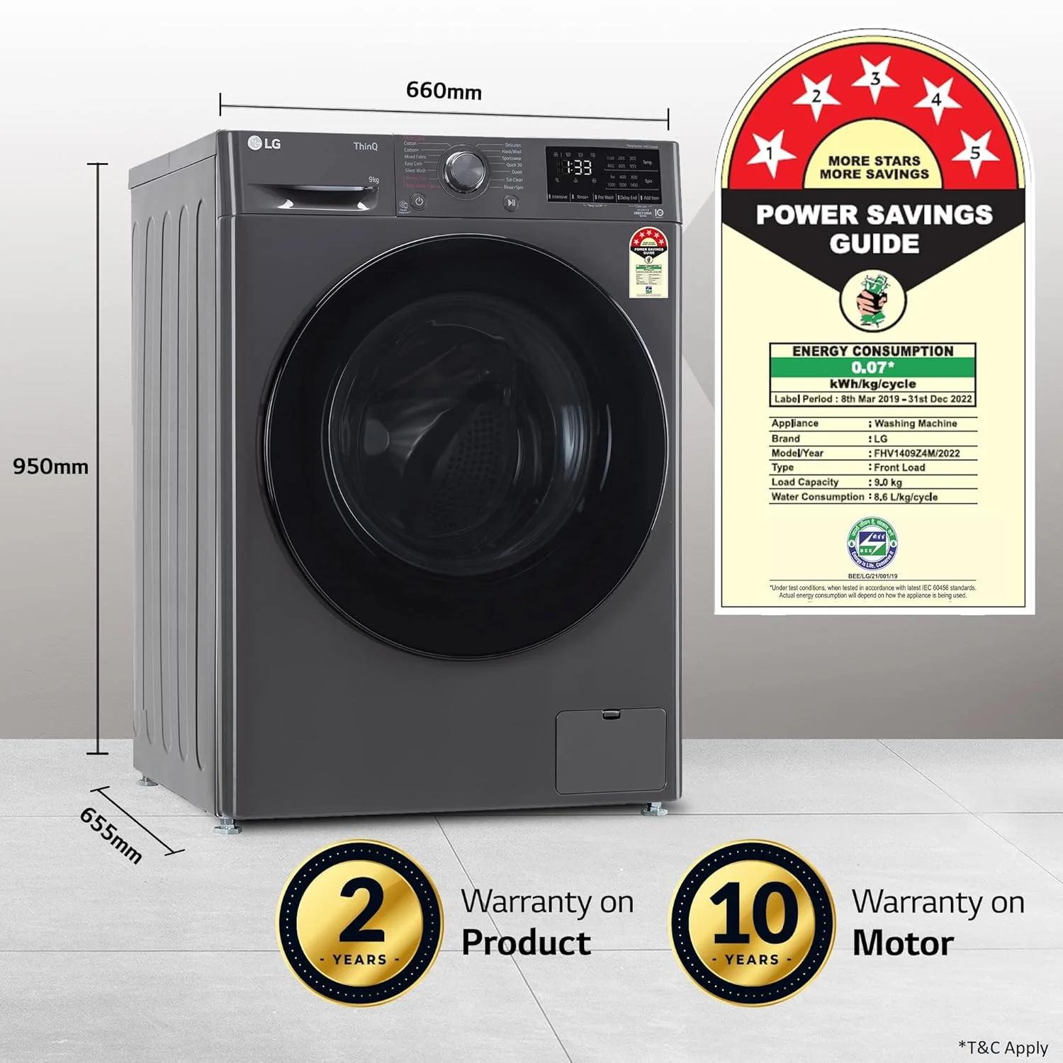 LG 9 Kg 5 Star Wi-Fi Inverter AI Direct-Drive Touch Panel Fully Automatic Front Load Washing Machine Appliance (FHV1409Z4M, Steam for Hygiene, In-Built Heater, 6 Motion DD, Middle Black) - Image 18