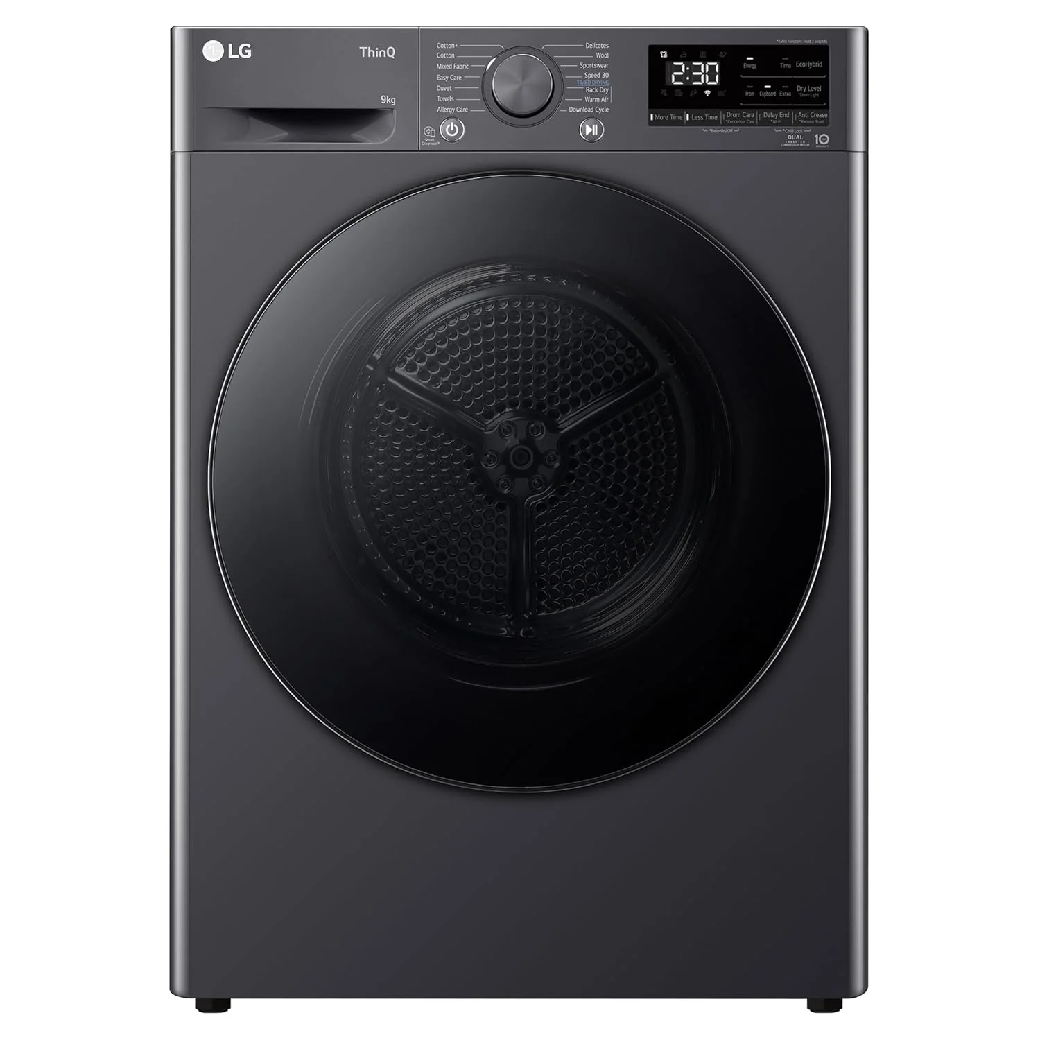LG 9 Kg, Wi-Fi, Dual Inverter Heat Pump, Eco-Hybrid Technology Fully Automatic Front Load Dryer (DHV09SAM, Double Layer Air Filter, Allergy Care, Auto Cleaning Condenser, Middle Black)