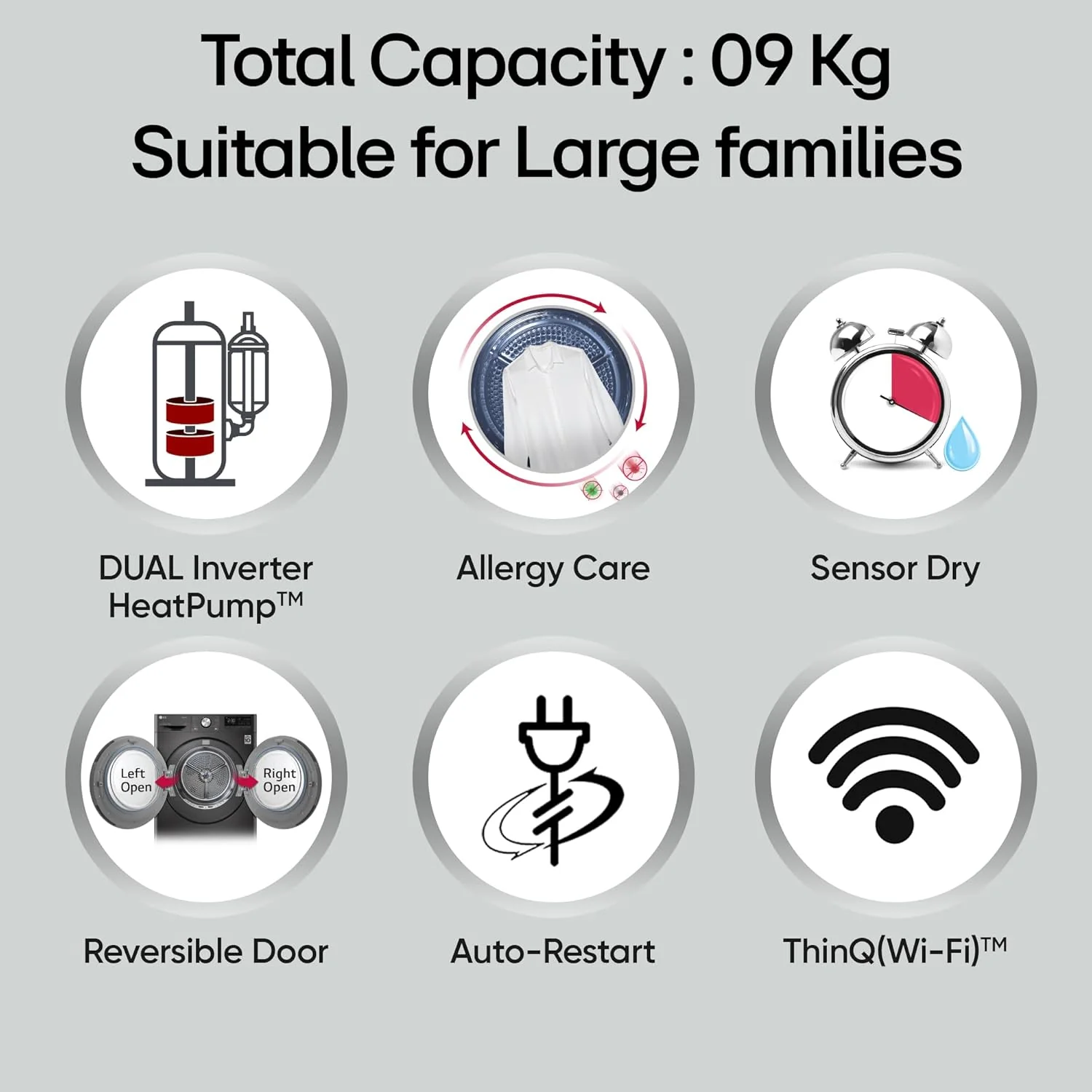 LG 9 Kg, Wi-Fi, Dual Inverter Heat Pump, Eco-Hybrid Technology Fully Automatic Front Load Dryer (DHV09SAM, Double Layer Air Filter, Allergy Care, Auto Cleaning Condenser, Middle Black) - Image 8