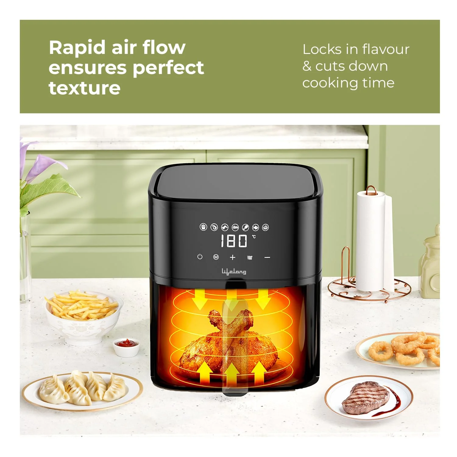 Lifelong 4.2 Litre Digital Air Fryer |Detachable Handle, Touch Control, Non-Stick Basket, Rapid Air Technology |Oil-Free Cooking for Frying, Grilling, Roasting & Baking|Energy Efficient,Compact Design - Image 3