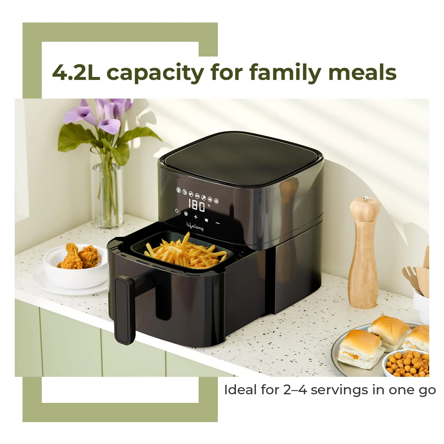 Lifelong 4.2 Litre Digital Air Fryer |Detachable Handle, Touch Control, Non-Stick Basket, Rapid Air Technology |Oil-Free Cooking for Frying, Grilling, Roasting & Baking|Energy Efficient,Compact Design - Image 6