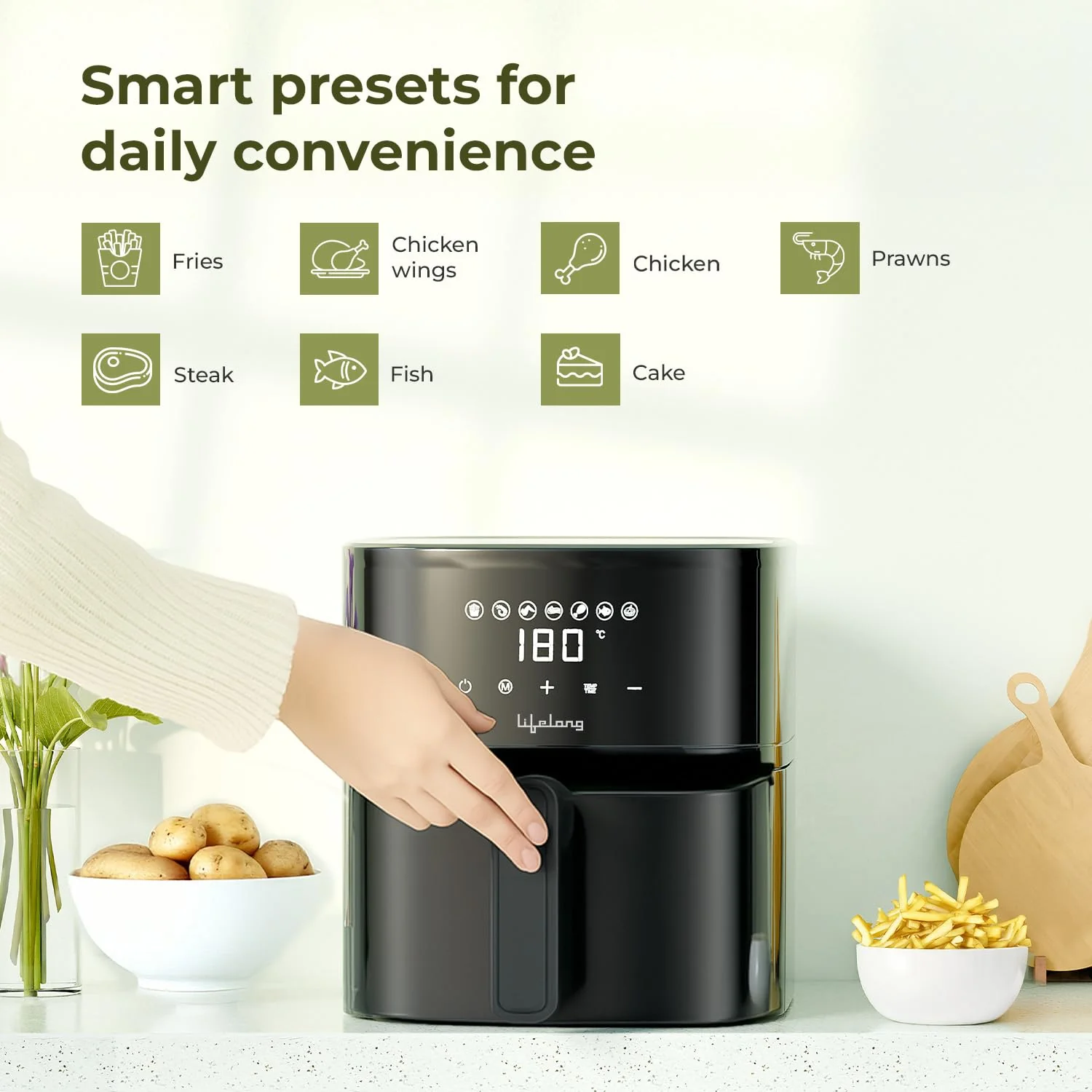 Lifelong 4.2 Litre Digital Air Fryer |Detachable Handle, Touch Control, Non-Stick Basket, Rapid Air Technology |Oil-Free Cooking for Frying, Grilling, Roasting & Baking|Energy Efficient,Compact Design - Image 8