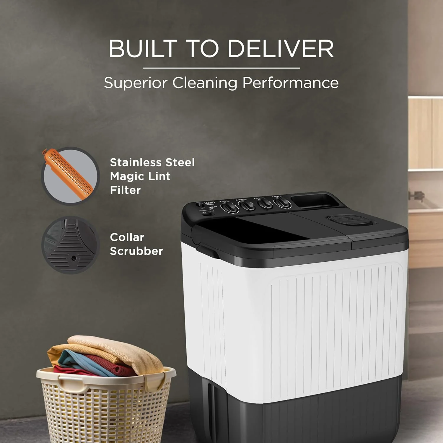 Lloyd 8 kg 5 Star Semi Automatic Top Load Washing Machine |1300 RPM | Detergent Storage Zone | 3 Wash Programs | Swift Dry | Magic Filter, (GLWS805AODDG, Dark Grey and White) - Image 6