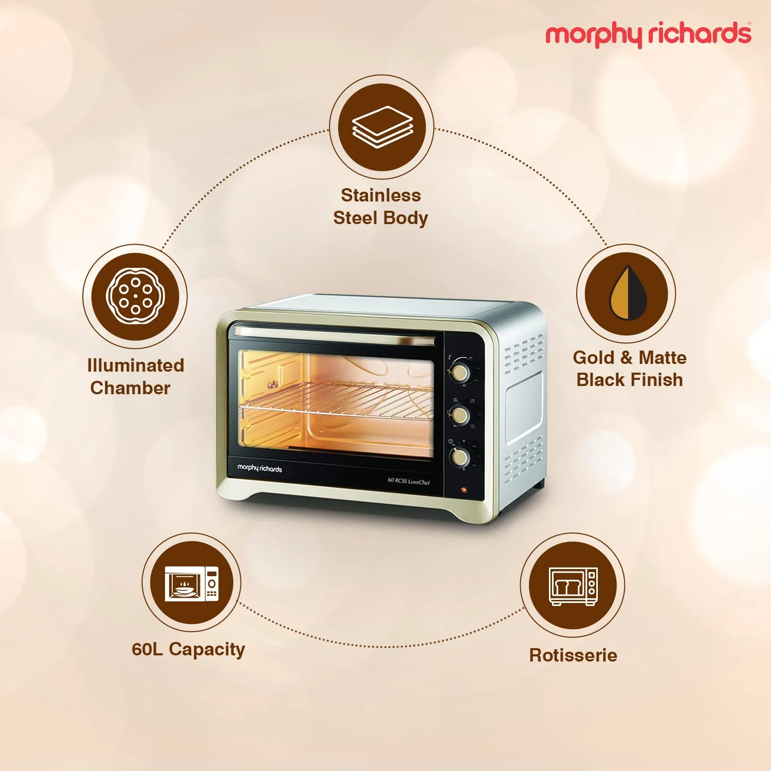 Morphy Richards 60RCSS Luxe Chef OTG | Convection and Rotisserie Function | Large Capacity 60L | Gold | 2 Year Product Warranty - Image 6