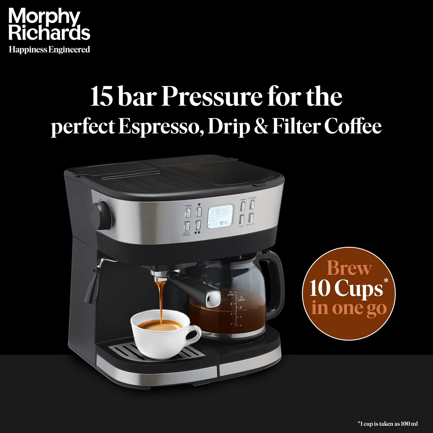 Morphy Richards DuoPresso 2-in-1 Coffee Maker|Drip &amp; Espresso| 15 bar Pressure| Digital Display|Removable Drip Tray| Upto 10 cups* of Coffee| Keep Warm Tray| 2-Yr Warranty by Brand|Black - Image 4