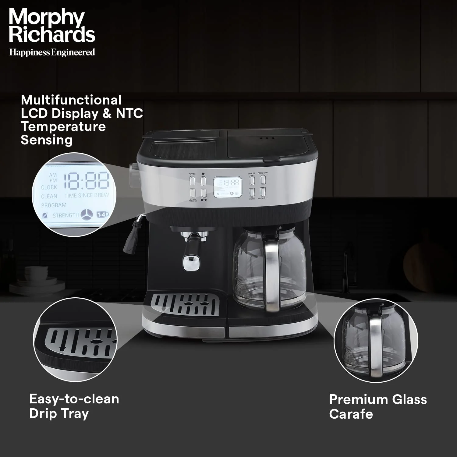 Morphy Richards DuoPresso 2-in-1 Coffee Maker|Drip &amp; Espresso| 15 bar Pressure| Digital Display|Removable Drip Tray| Upto 10 cups* of Coffee| Keep Warm Tray| 2-Yr Warranty by Brand|Black - Image 5