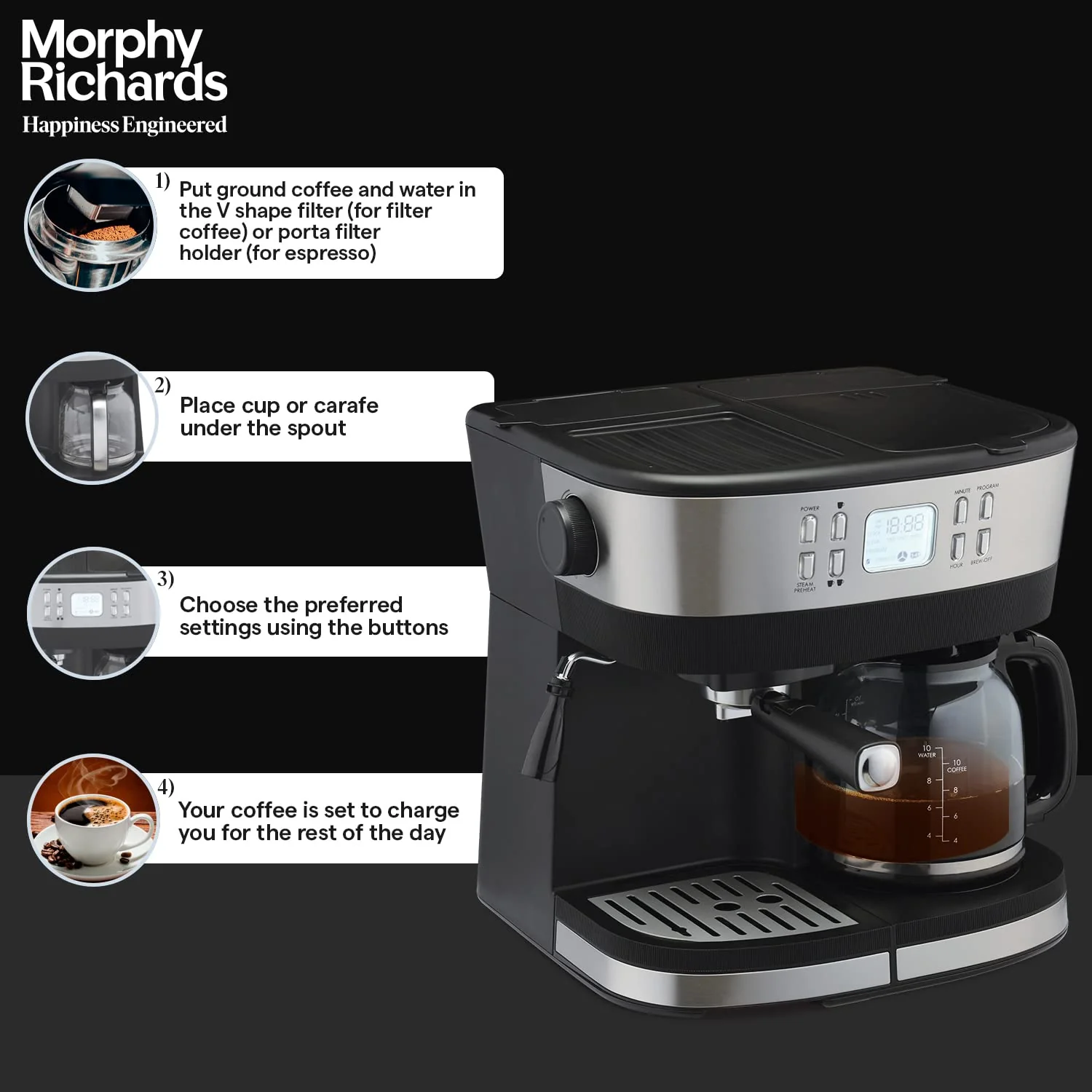 Morphy Richards DuoPresso 2-in-1 Coffee Maker|Drip &amp; Espresso| 15 bar Pressure| Digital Display|Removable Drip Tray| Upto 10 cups* of Coffee| Keep Warm Tray| 2-Yr Warranty by Brand|Black - Image 6