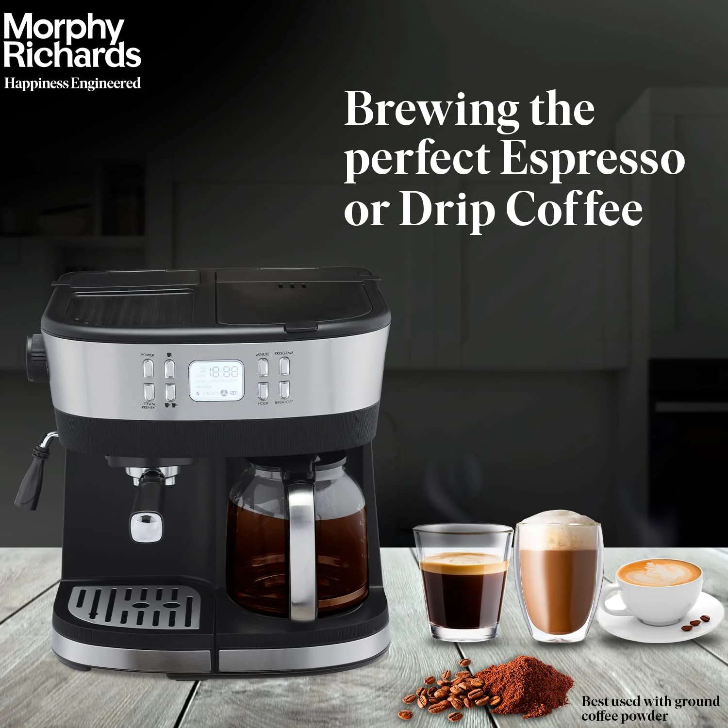 Morphy Richards DuoPresso 2-in-1 Coffee Maker|Drip &amp; Espresso| 15 bar Pressure| Digital Display|Removable Drip Tray| Upto 10 cups* of Coffee| Keep Warm Tray| 2-Yr Warranty by Brand|Black - Image 8