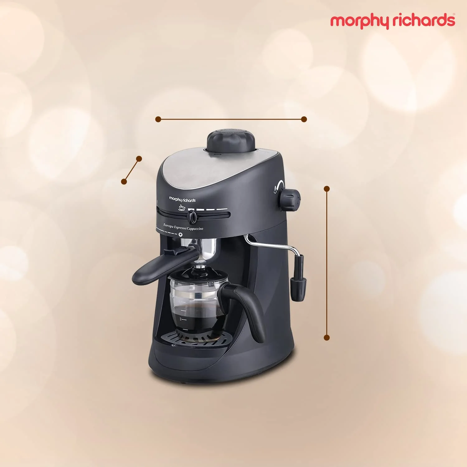 Morphy Richards Europa 800-Watt Espresso and Cappuccino Coffee Maker | Capacity 4-Cup|Coffee Strength Selector|Milk Frothing Nozzle|Removable Drip Tray for Easy Cleaning|2 Year Product Warranty| Black - Image 2