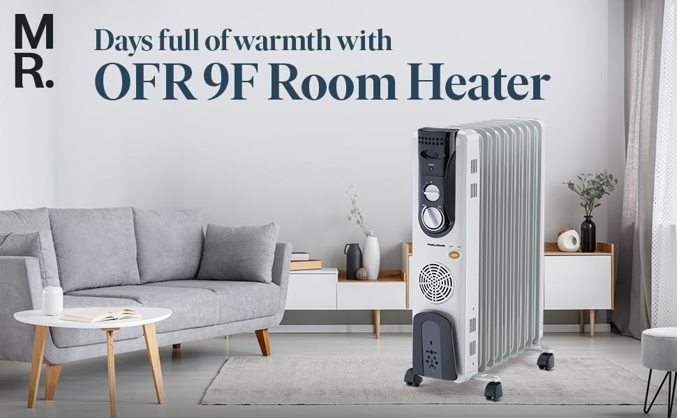 Morphy Richards OFR 09F 2400W Oil Filled Radiator Room Heater | 9 Fin | PTC Fan Heater | Adjustable Thermostat | Overheat Protection | Castor Wheels | Silent Operation | 2 Year Warranty | Grey - Image 5