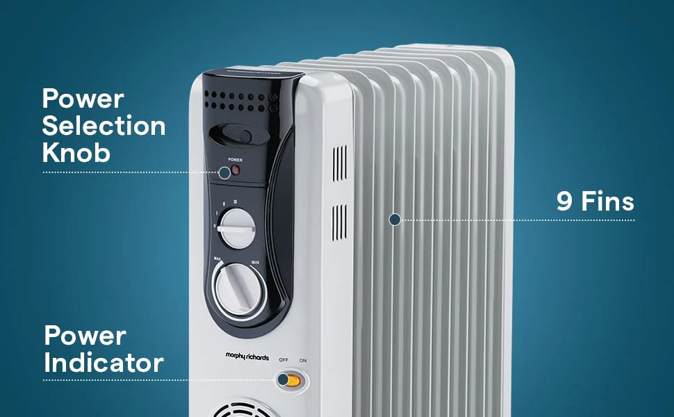 Morphy Richards OFR 09F 2400W Oil Filled Radiator Room Heater | 9 Fin | PTC Fan Heater | Adjustable Thermostat | Overheat Protection | Castor Wheels | Silent Operation | 2 Year Warranty | Grey - Image 6