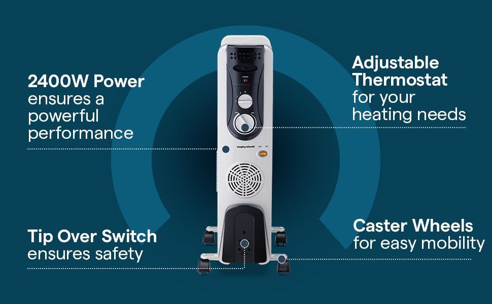 Morphy Richards OFR 09F 2400W Oil Filled Radiator Room Heater | 9 Fin | PTC Fan Heater | Adjustable Thermostat | Overheat Protection | Castor Wheels | Silent Operation | 2 Year Warranty | Grey - Image 7