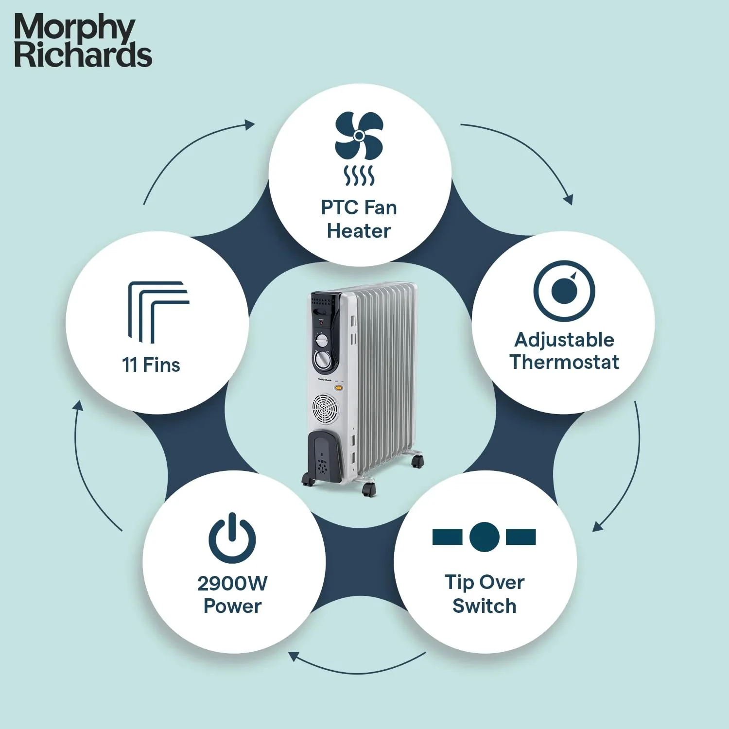 Morphy Richards OFR 11F 11-Fin 2900W Oil Filled Radiator Room Heater | Adjustable Thermostat | Safety Tilt &amp; Auto Thermal Shutoff | Castor Wheels for Easy Mobility | Silent Heating - Image 5
