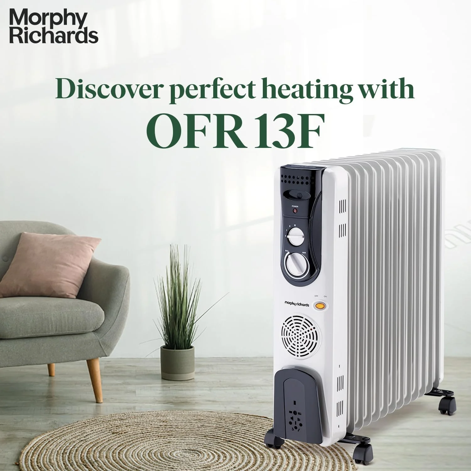 Morphy Richards OFR 13F 13-Fin Oil Filled Radiator Room Heater | 2900W (2500W + 400W PTC Fan) | Adjustable Thermostat, Safety Shut-Off, Castor Wheels | White - Image 6