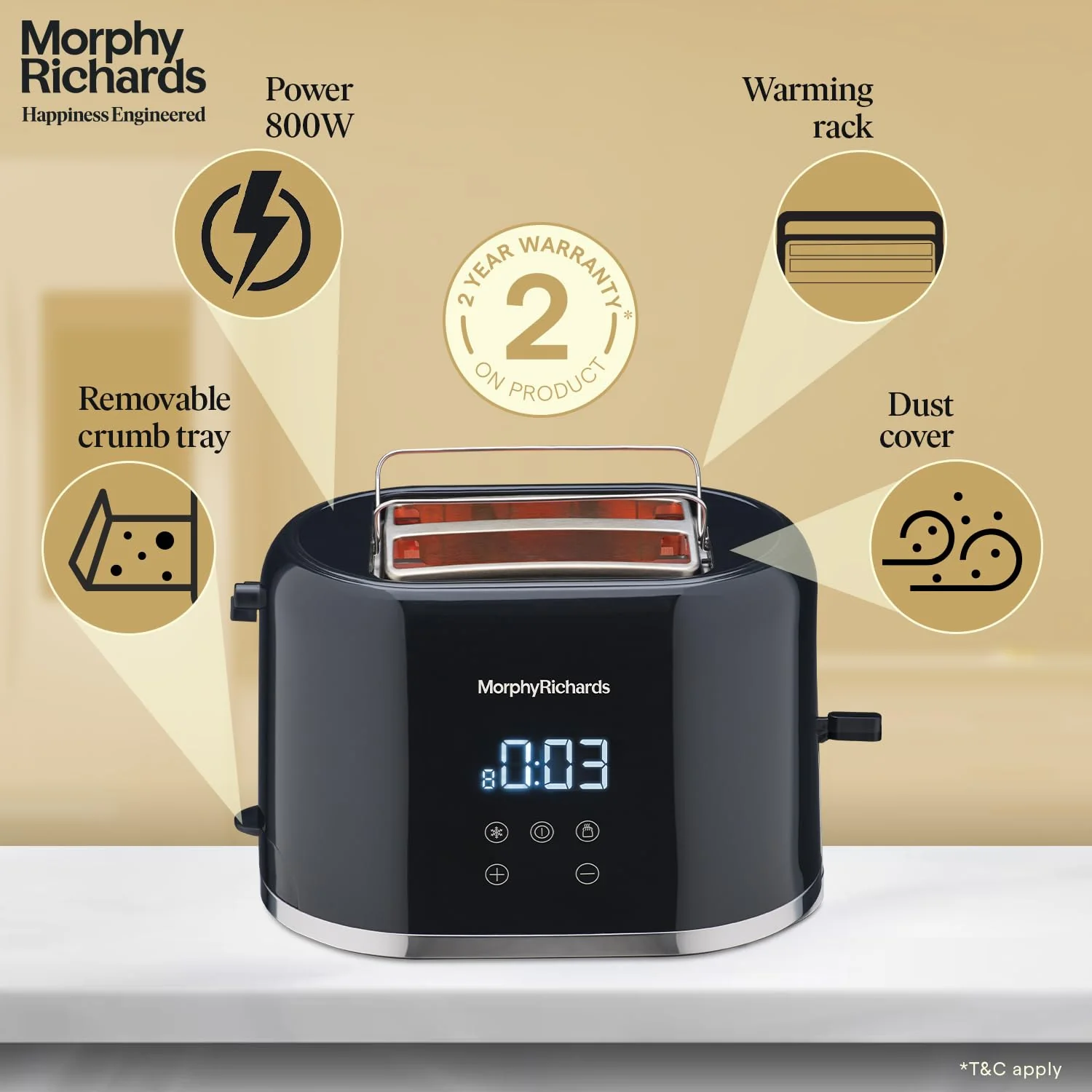 Morphy Richards Windsor Series Digital 2 Slice 800W Pop Up Toaster|8-Browning Levels|Reheat&amp;Defrost|Wide Bread Slots|Bun Warmer|Dust Cover|Removable Crumb Tray|2-Yr Warranty By Brand|Black,800 Watts - Image 3