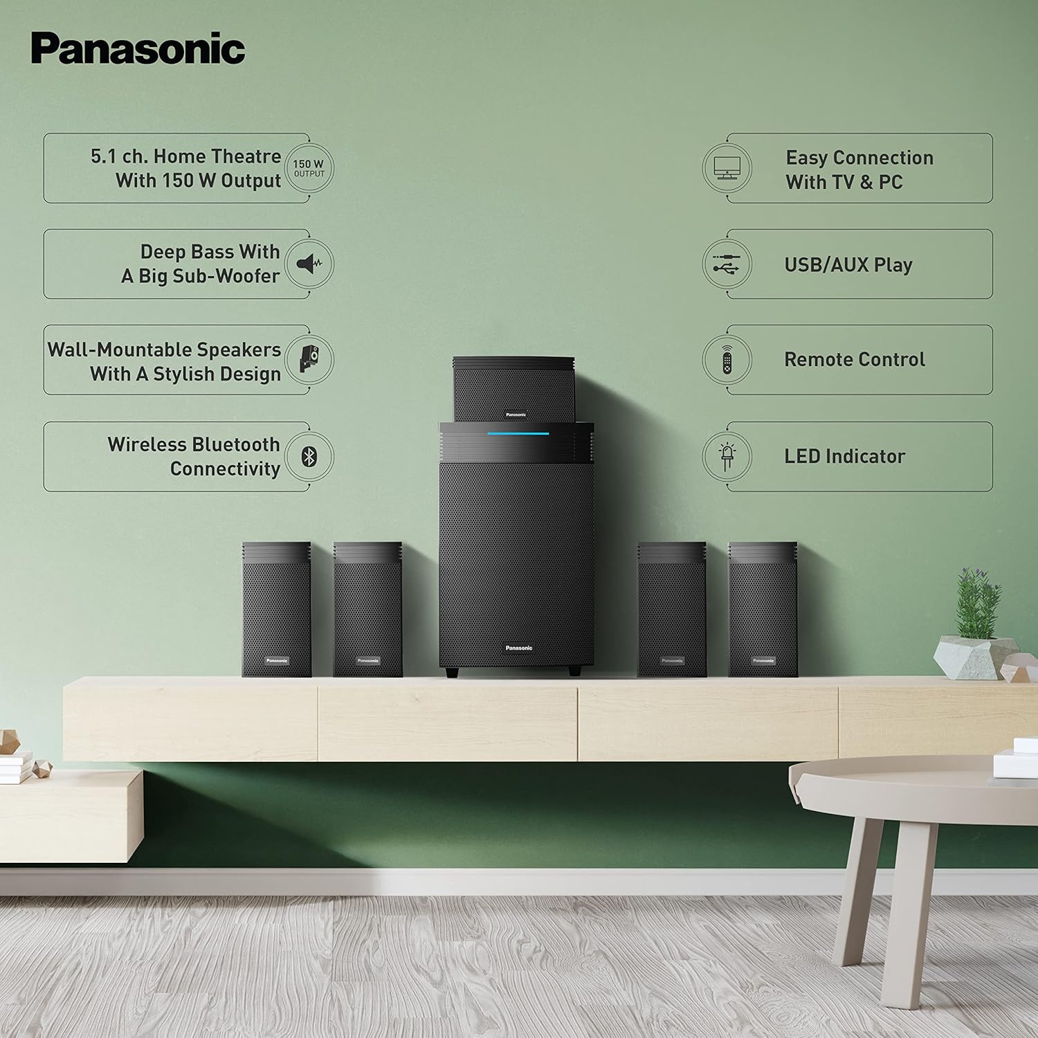 Panasonic SC-HT550GW-K 5.1 Ch Home Theatre with Real Surround Sound, 150 W, Bluetooth, USB, AUX, RCA, Powerful Subwoofer, Wall mountable Speakers, Remote for Volume & Bass Control (Black) - Image 5