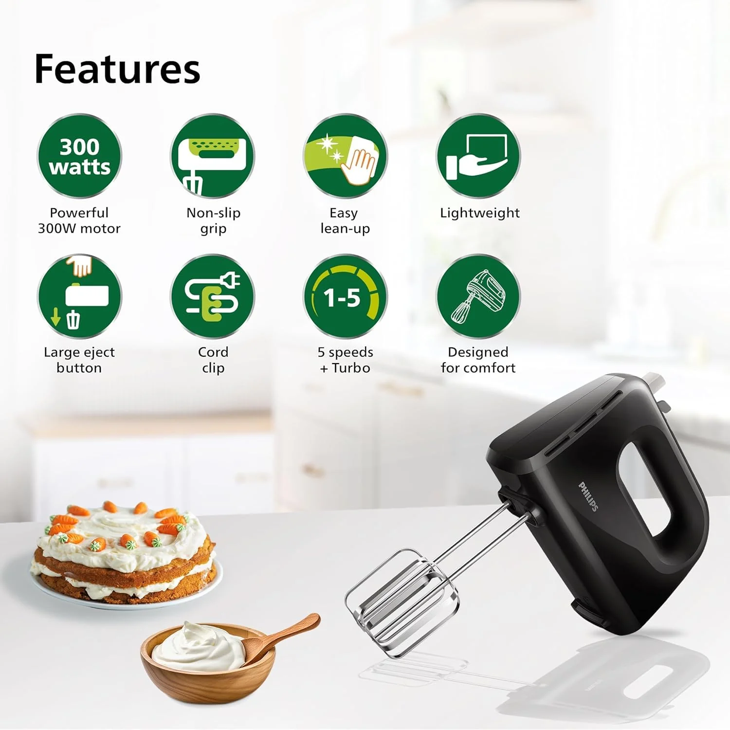 Philips HR3720/10 300 Watt Lightweight Hand Mixer, Blender with 5 speed control settings, stainless steel accessories and 2 years warranty with 2 Attachments (Non-slip Grip, Black) - Image 4