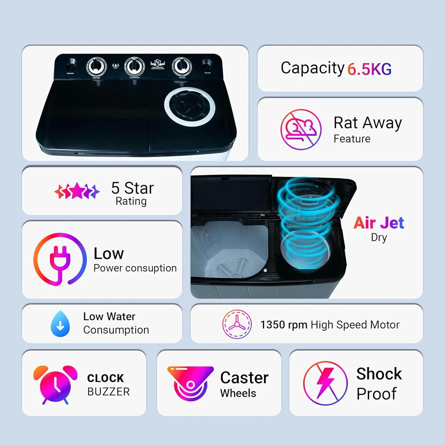Power Guard 6.5 kg 5 Star Semi-Automatic Top Loading Washing Machine Appliance (PG65WMBKOP) - Image 7